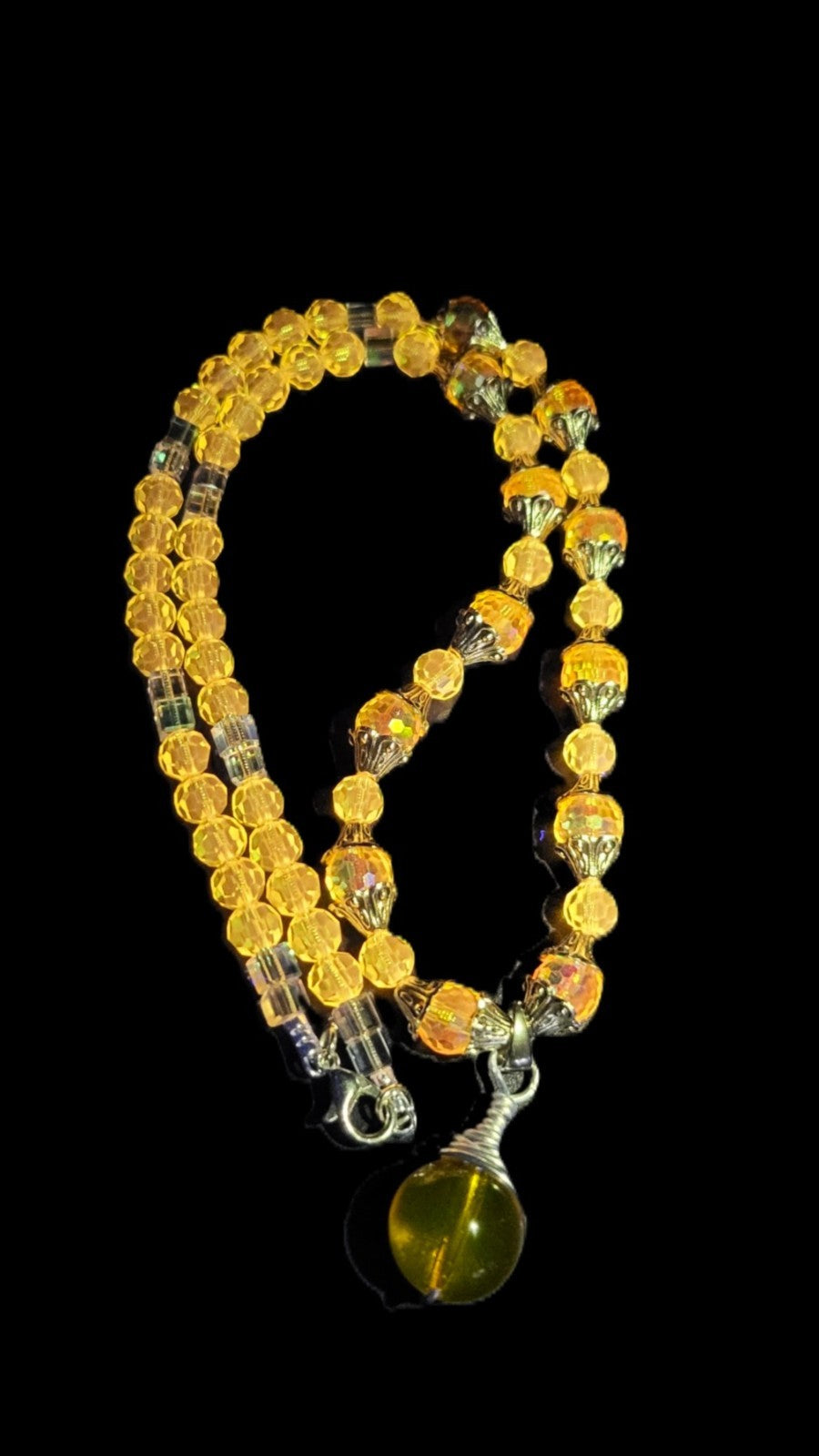 UV Glow Cadmium Glass Beads 18" Necklace Strung on Silver Tone Snake Chain