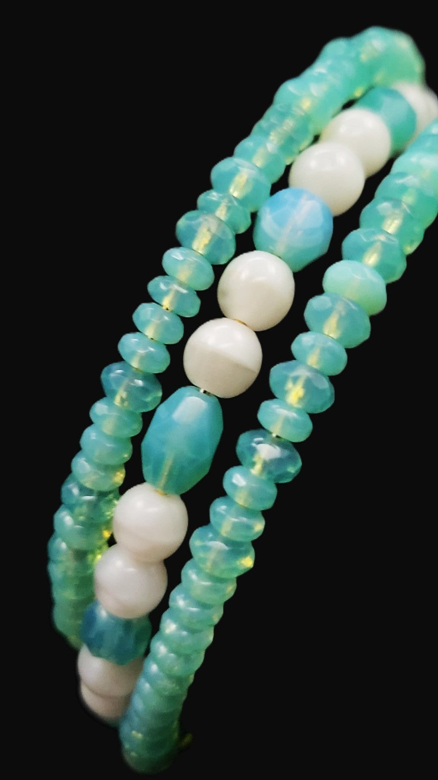 UV Glow Uranium Czech Glass Bead Triple Strand Aqua Coil Bracelet on Gold Tone Memory Wire