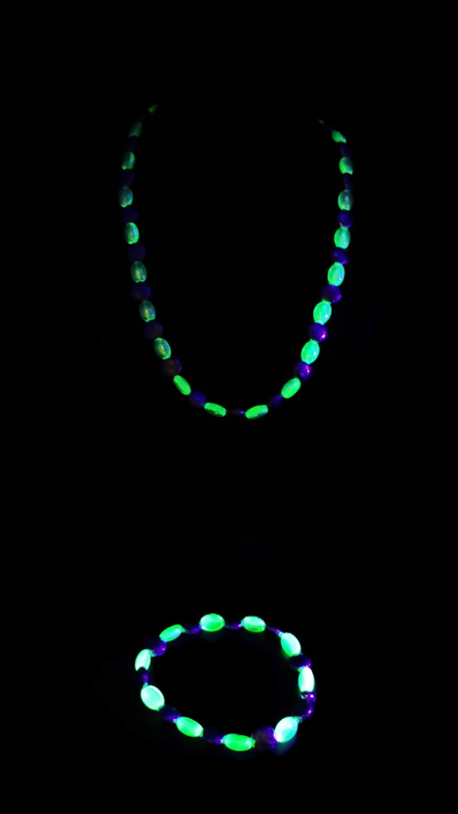 UV Glow Uranium Czech Vaseline Iridescent Glass and Antique Hematite Colored Glass Necklace and Bracelet Set