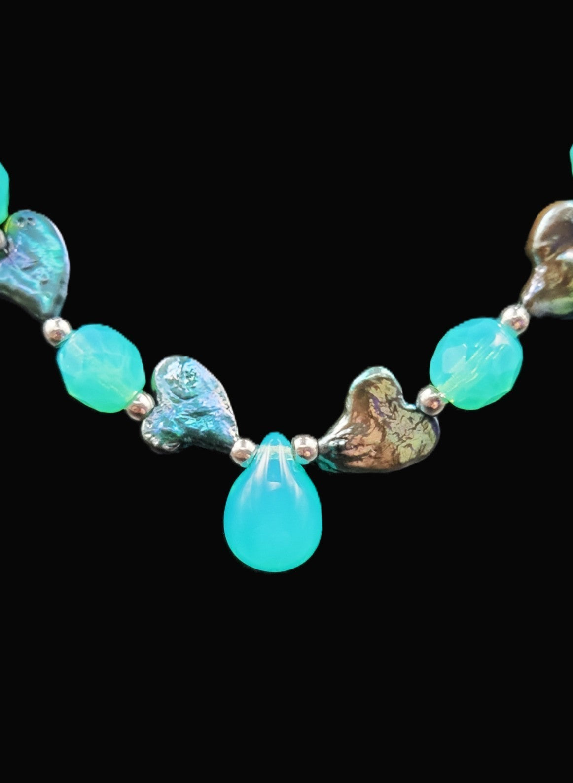 UV Glow Uranium Czech Blue Glass Beads with Black Cultured Pearl Hearts 20" Necklace