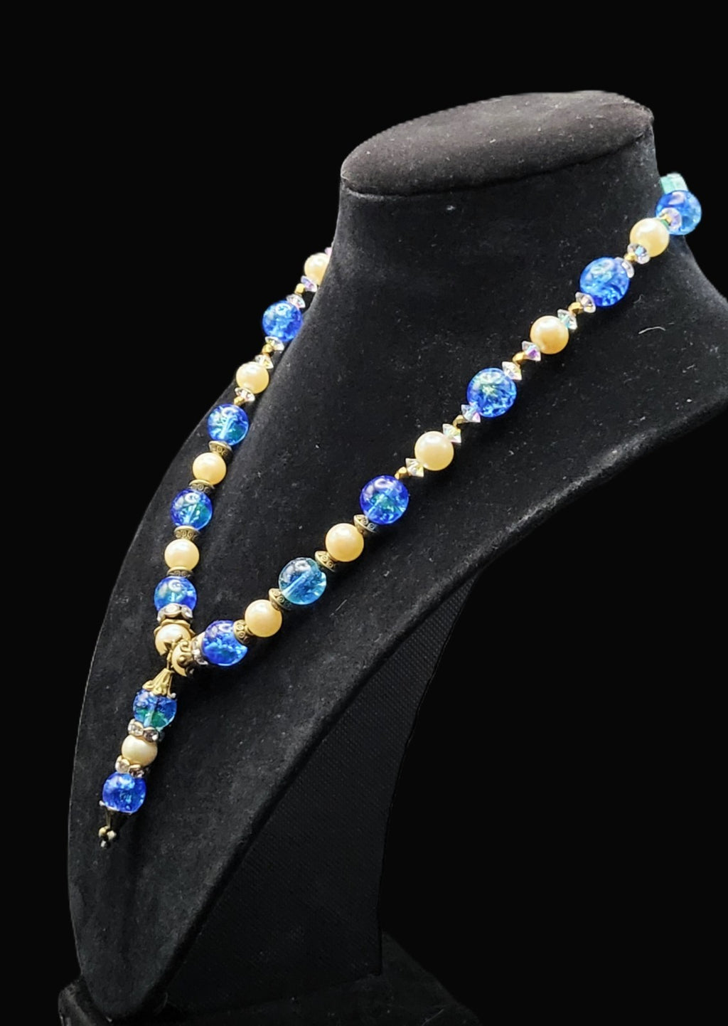 Uranium UV Reactive Czech Blue Glass Beads and Faux Pearls 16" Necklace