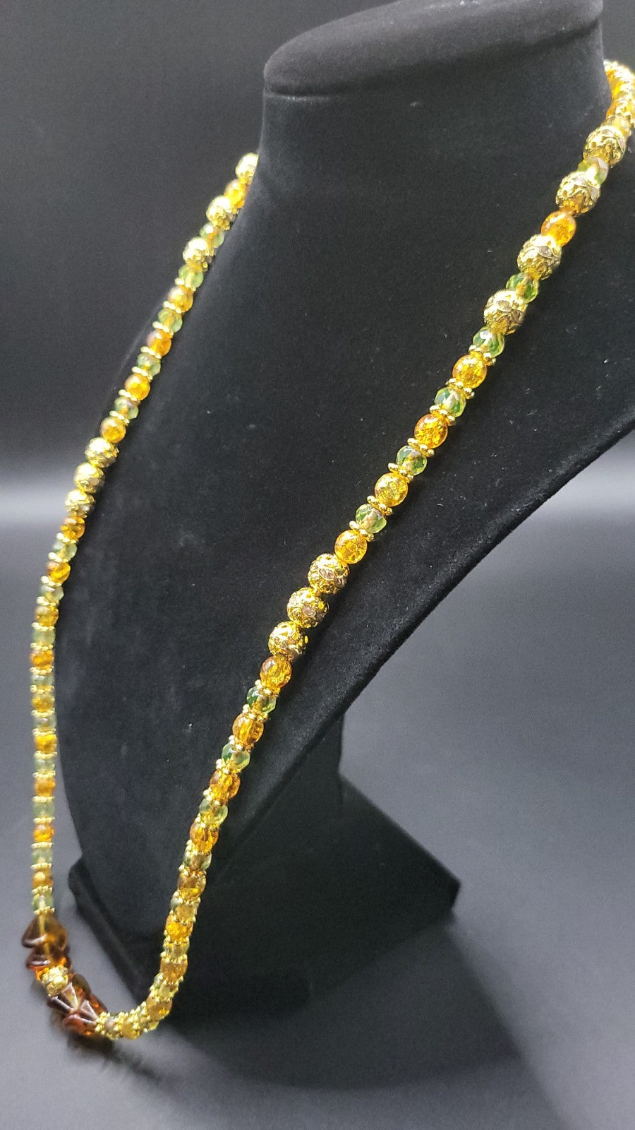 UV Glow Uranium Czech Glass Orange Crackle, Amber Colored and Green Beads 24" Fall Necklace with Spacers