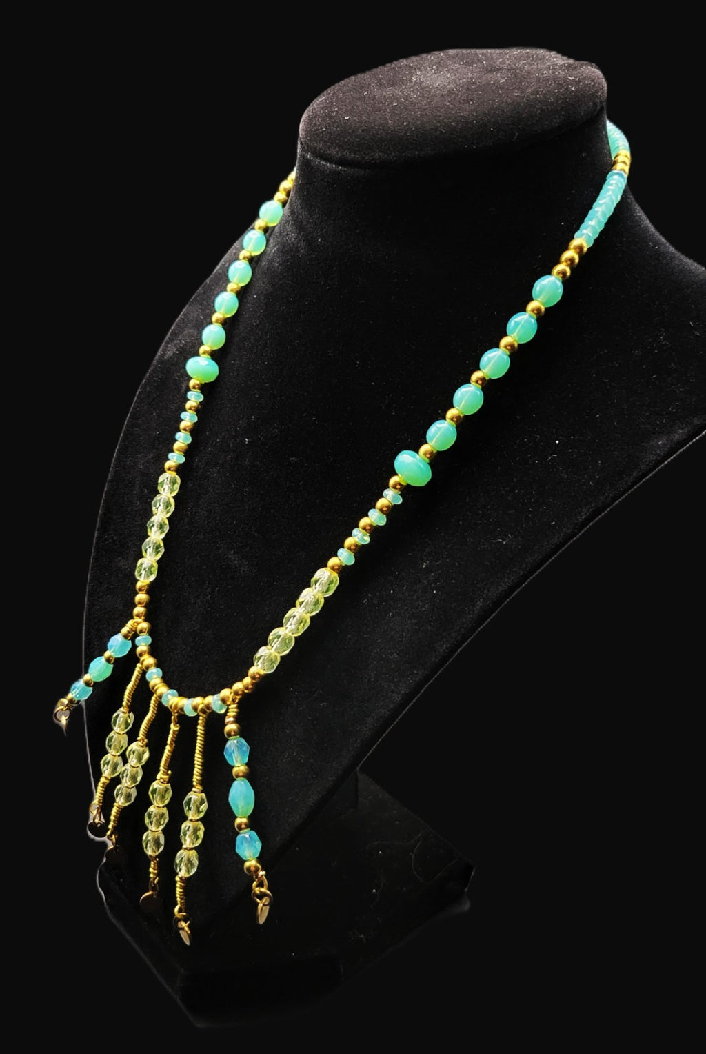 Uranium Turquoise and Green Colored Glass Beads, Hand Wired Dangles 16" Necklace
