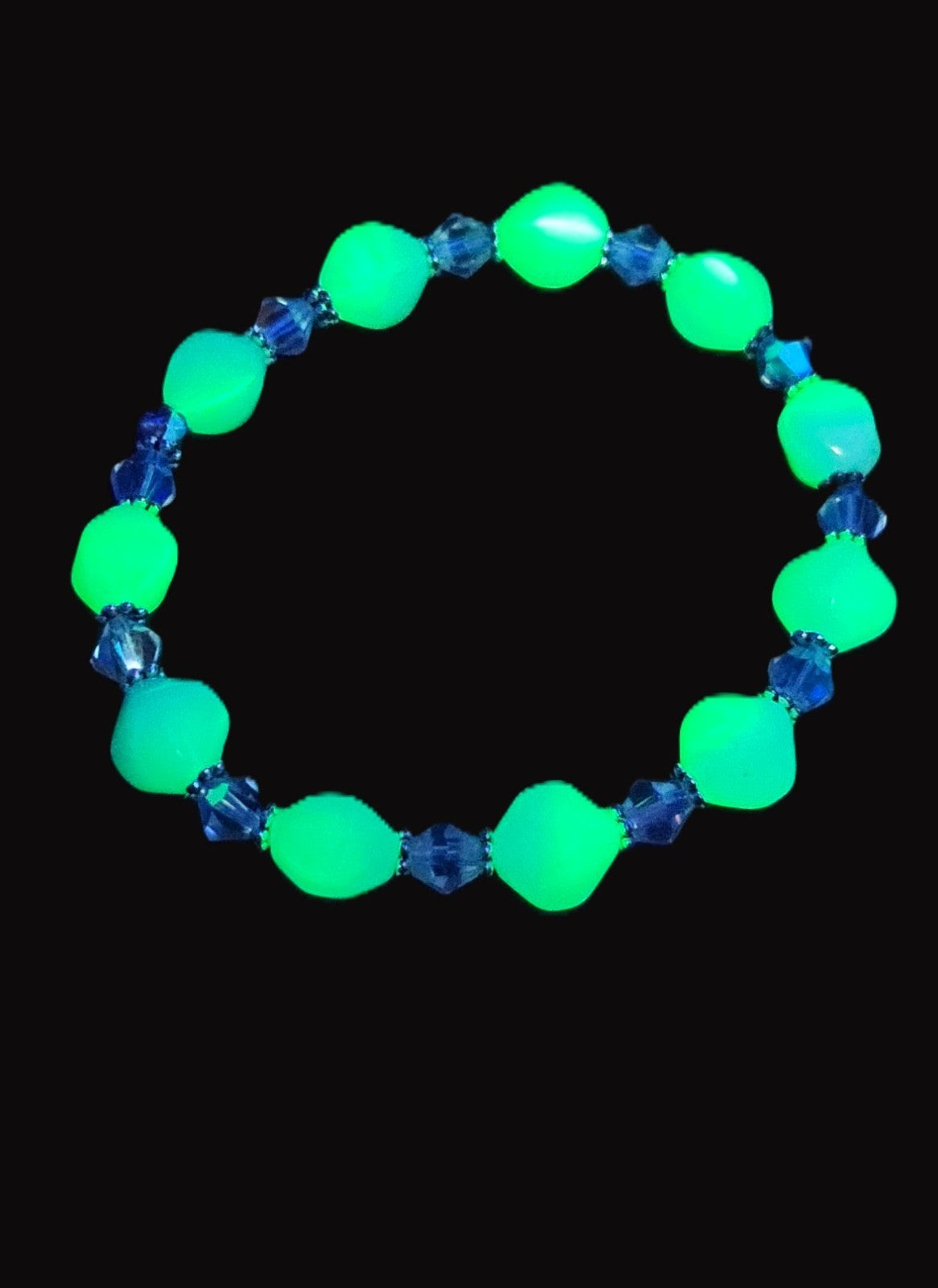 UV Glow Uranium White Glass Czech Beads, Crystals 8" Stretch Bracelet