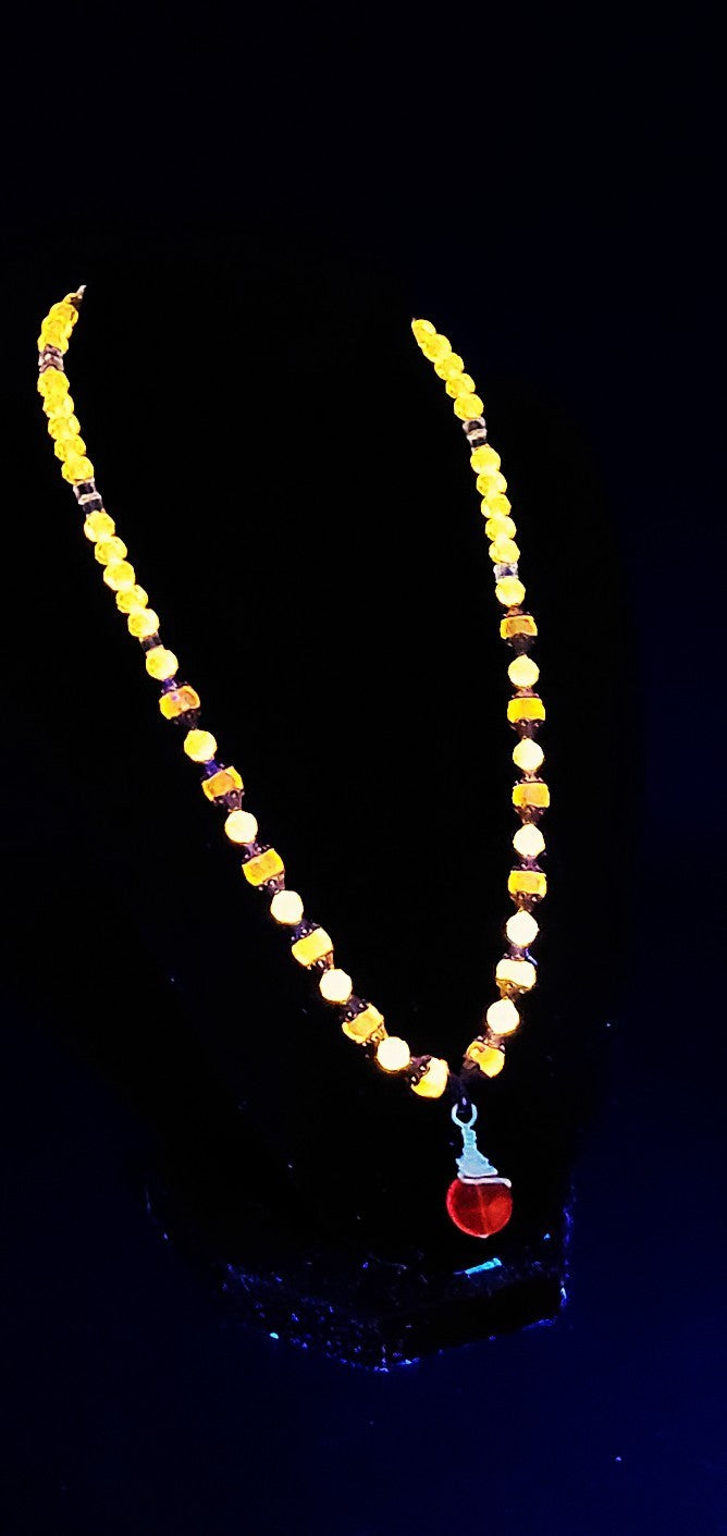 UV Glow Cadmium Glass Beads 18" Necklace Strung on Silver Tone Snake Chain