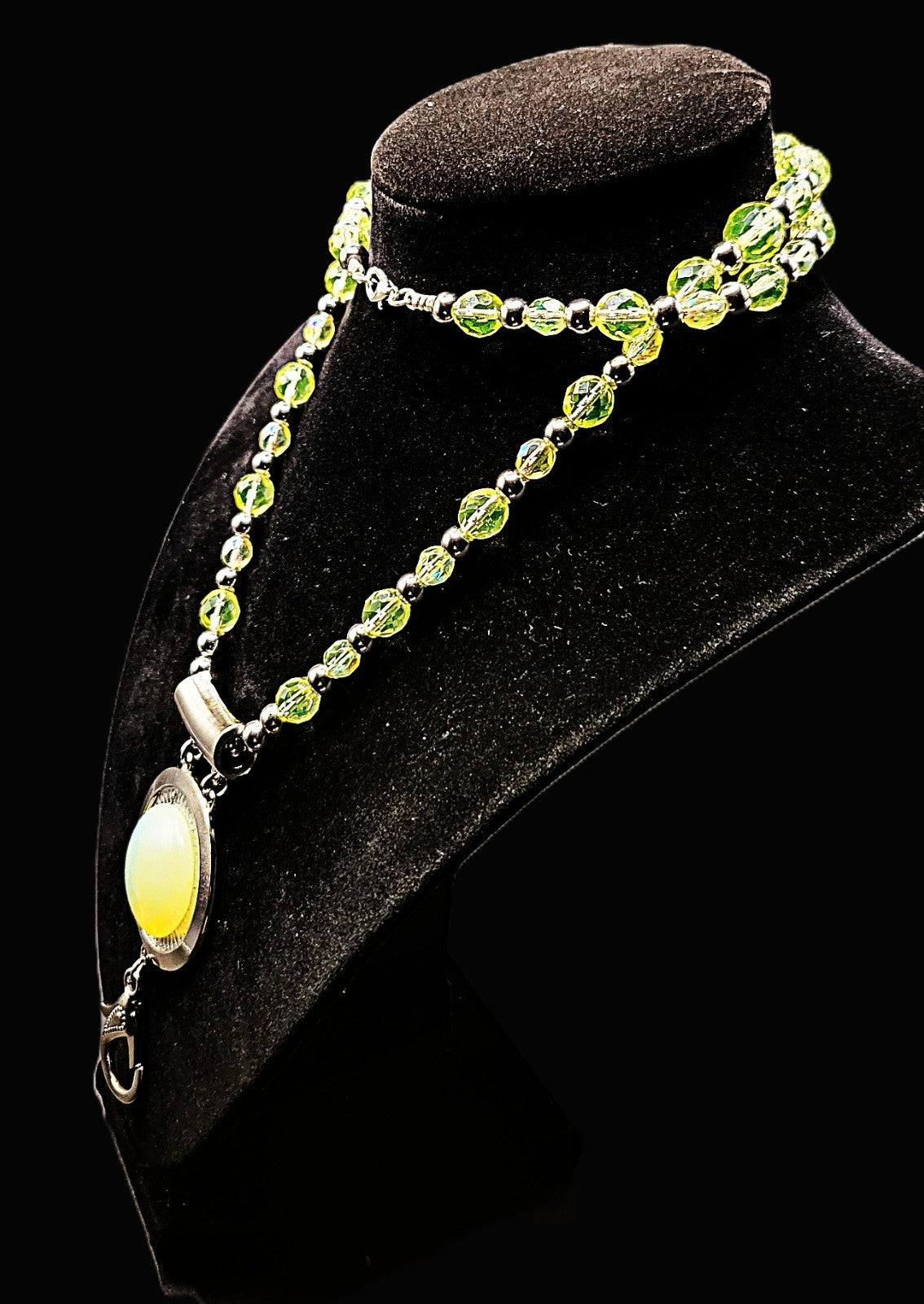 UV Glow Uranium Czech Glass Faceted Beads 26" Necklace/ 3" Opal Uranium Pendant and Lanyard