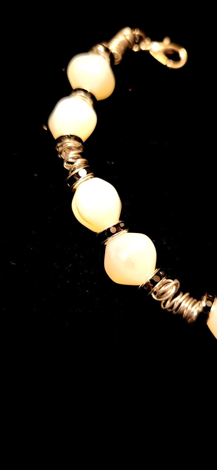 UV White Uranium Glass Beads, Hand wired 8" Silver tone Bracelet Black Spacers