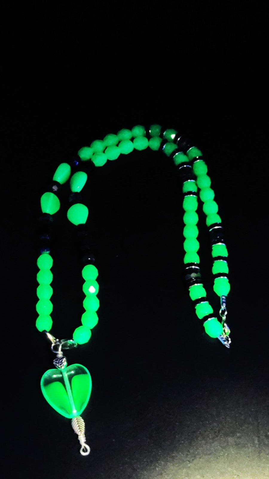 UV Glow Uranium Czech Glass Blue Beads and Black AB Glass 21" Heart Necklace and 2" Pendant