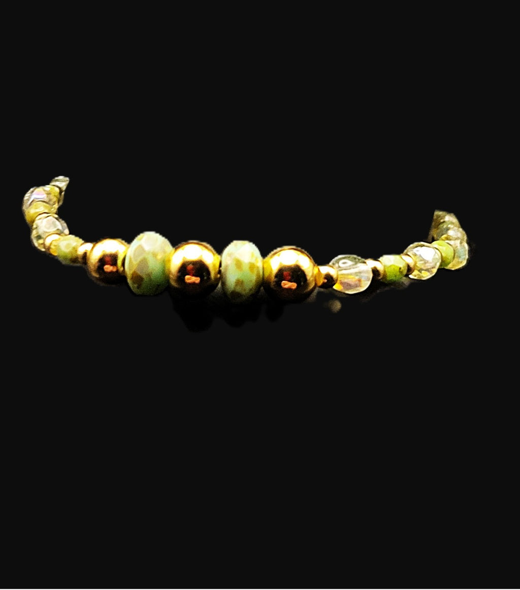 UV Glow Uranium Picasso Teal Fire Polished Glass Beads Czech  bracelet stretch 7"