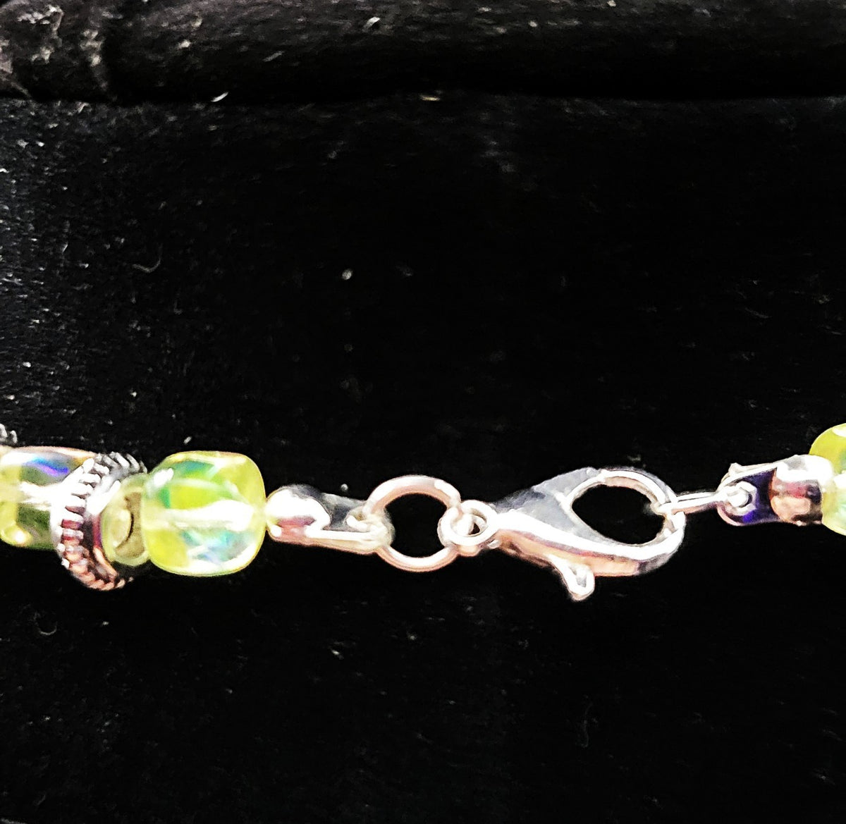 UV Glow Uranium Czech Tile and AB Cubes glass bead  20" Necklace with Silver Tone Spacers