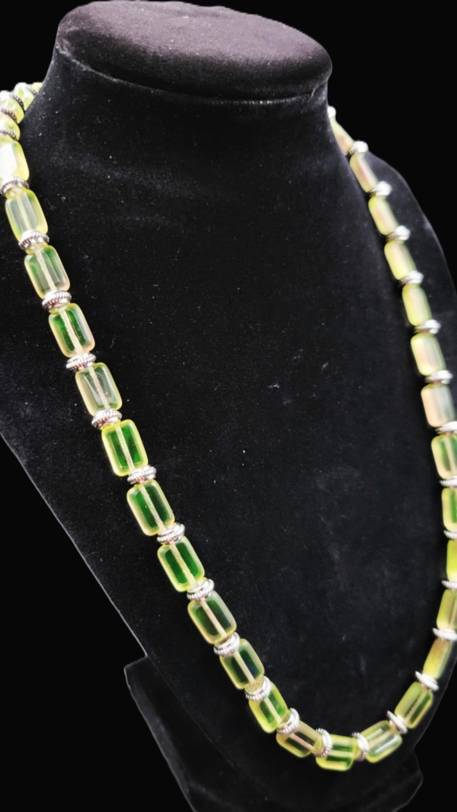 UV Glow Uranium Czech Tile and AB Cubes glass bead  20" Necklace with Silver Tone Spacers