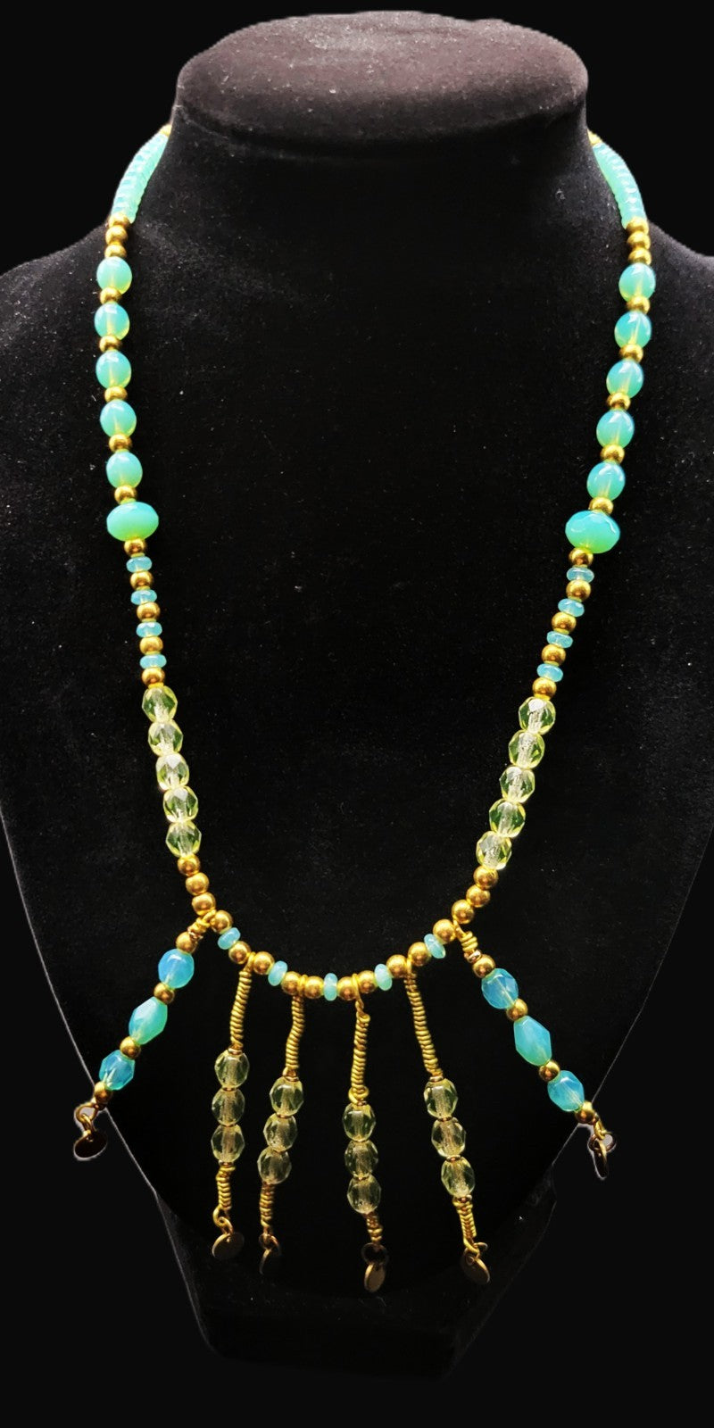 Uranium Turquoise and Green Colored Glass Beads, Hand Wired Dangles 16" Necklace