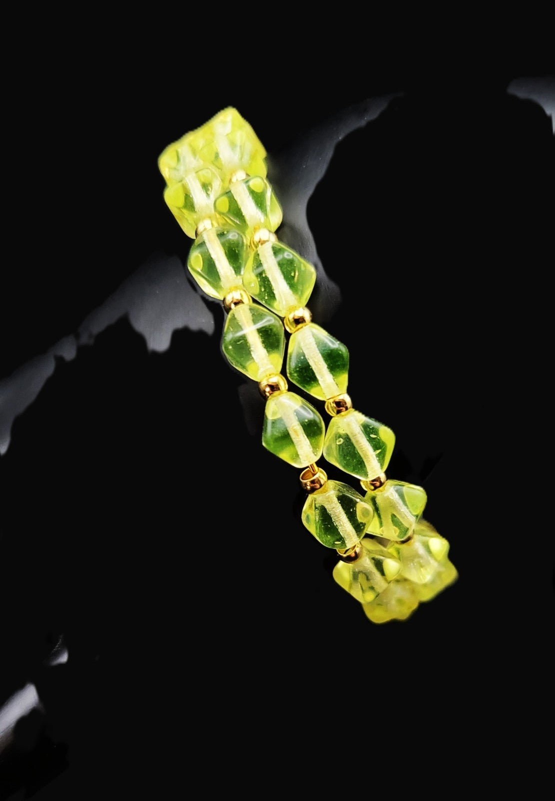 Uranium Glass Czech UV Bead Double Coil Memory Gold Tone Wire Bracelet