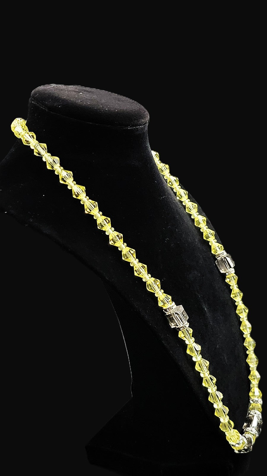 UV Glow Uranium Czech Yellow Crystals Bicone Glass Beads 22" Necklace with Accents