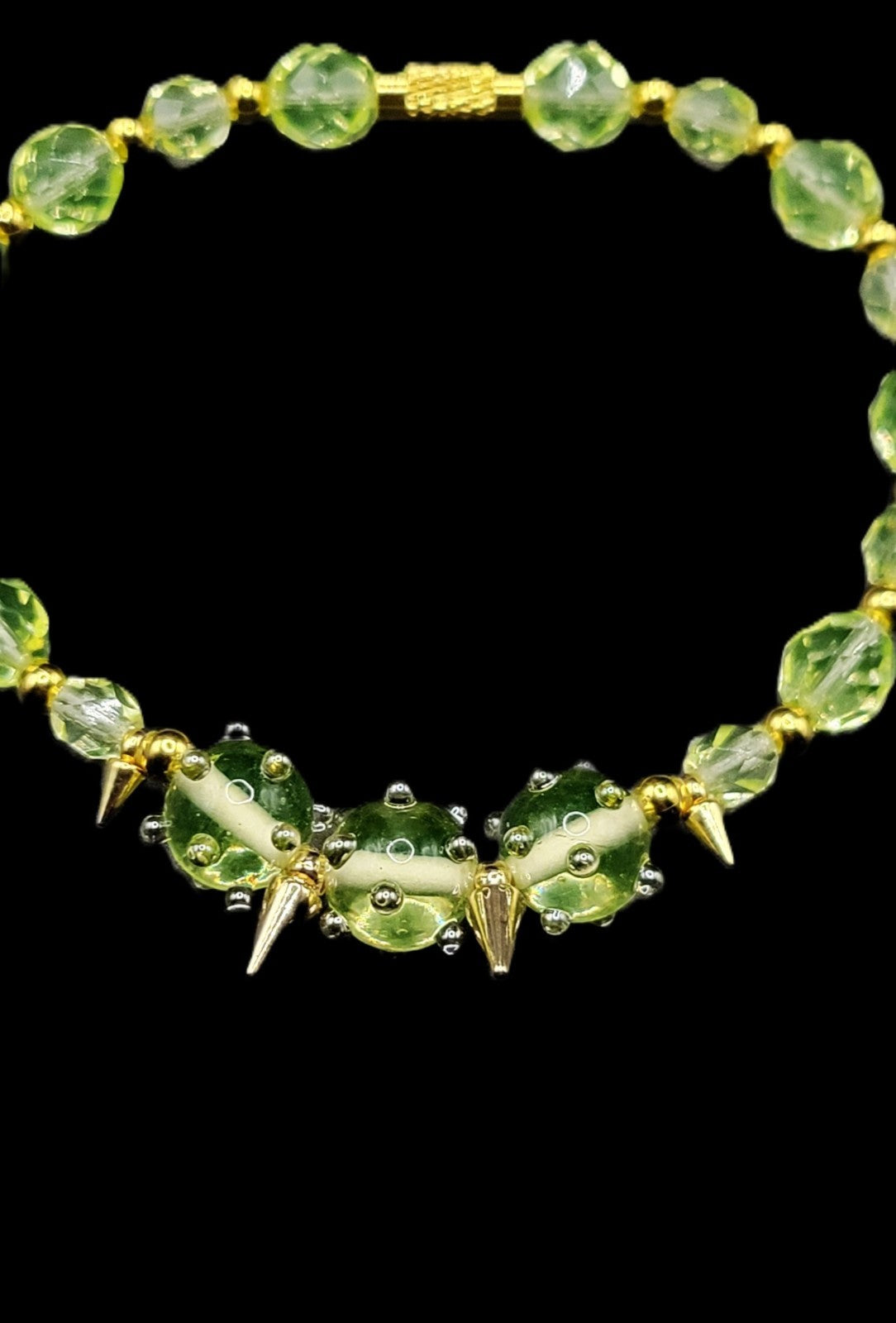 UV Glow Uranium Czech Crystal Glass Beads, "Spike" Lamp-work Beads Fake out Bracelet 8"