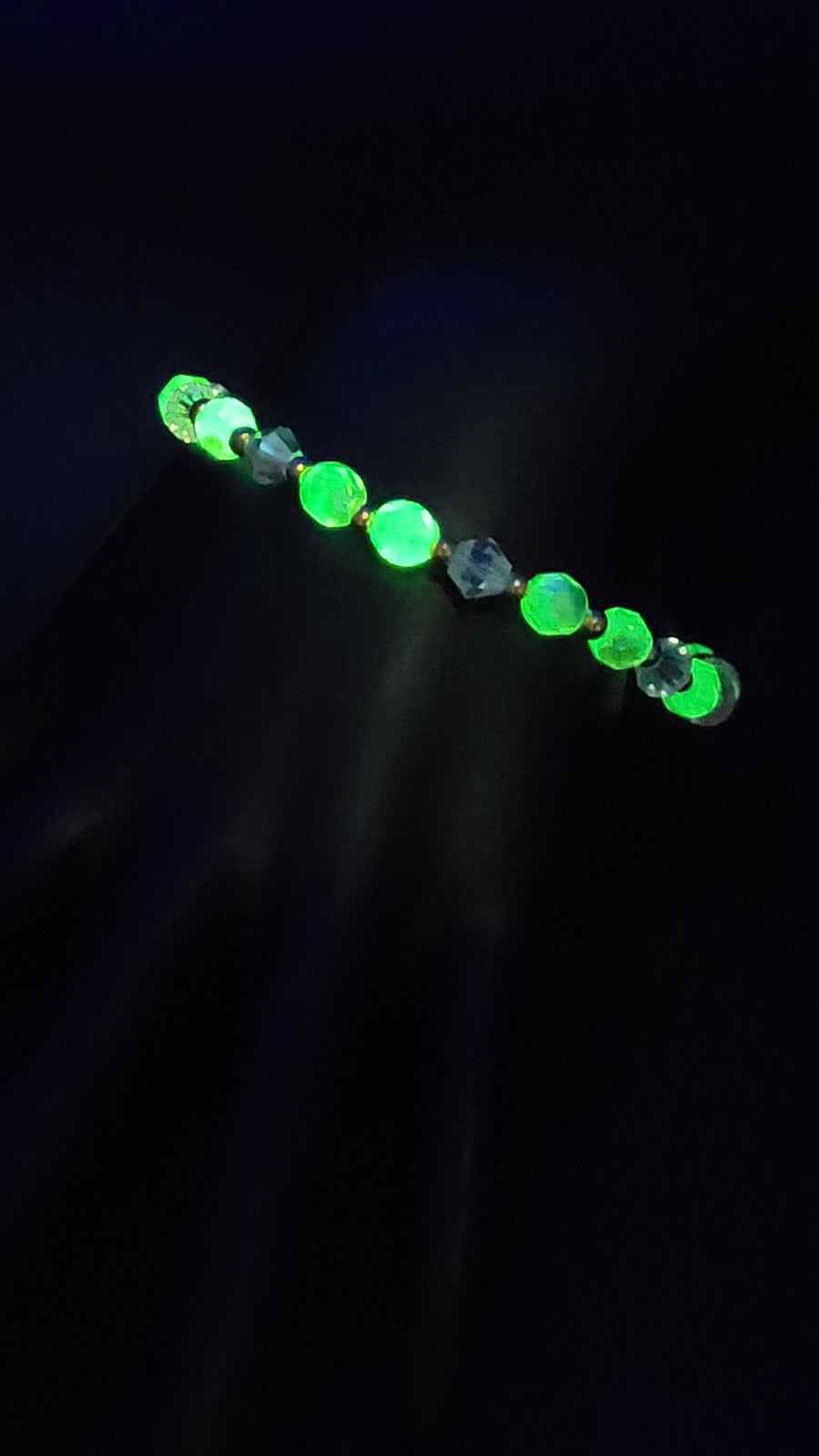 Uranium Glow Czech Glass AB Beads and Crystals Bracelet 8" Stretch with Spacers