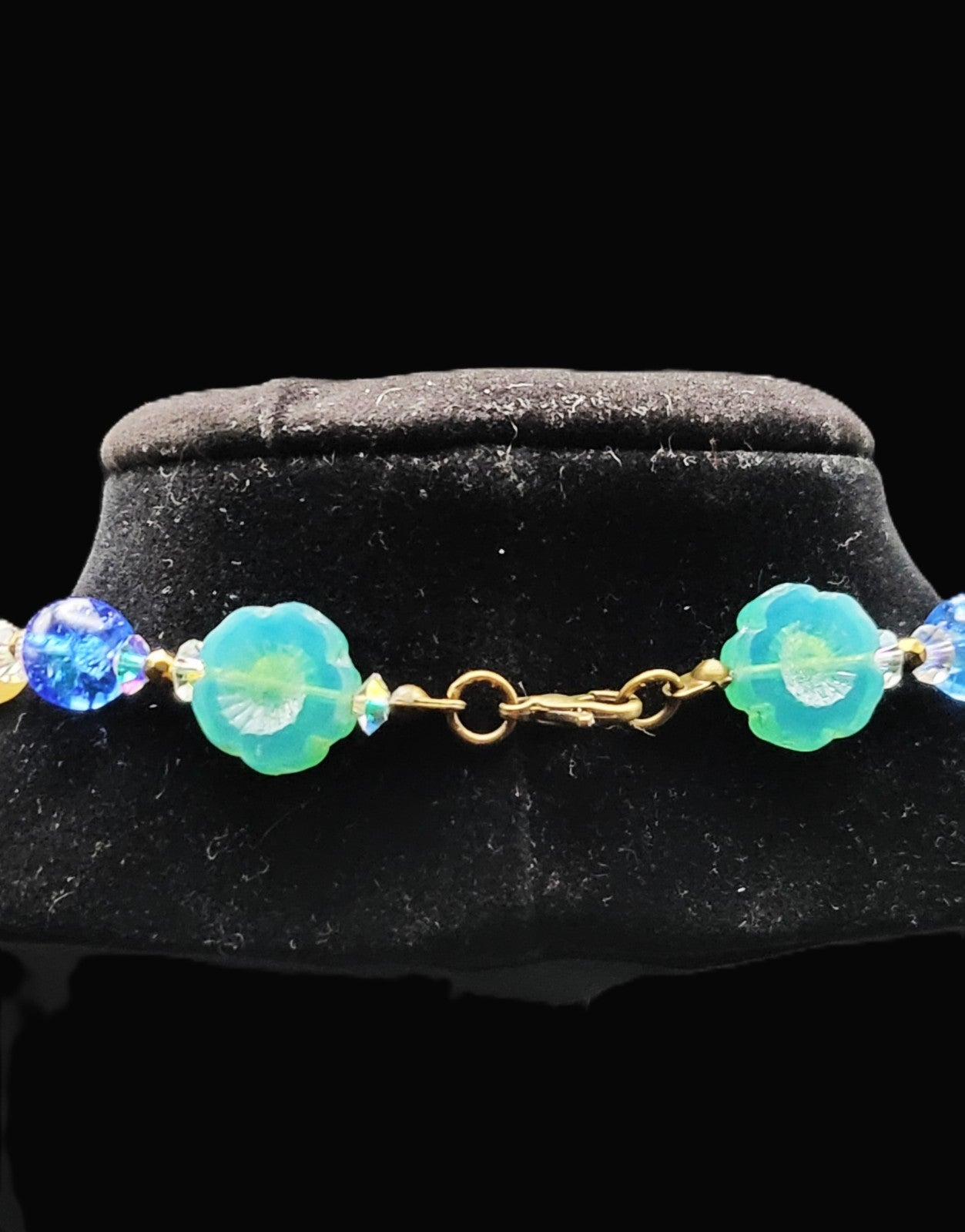 Uranium UV Reactive Czech Blue Glass Beads and Faux Pearls 16" Necklace