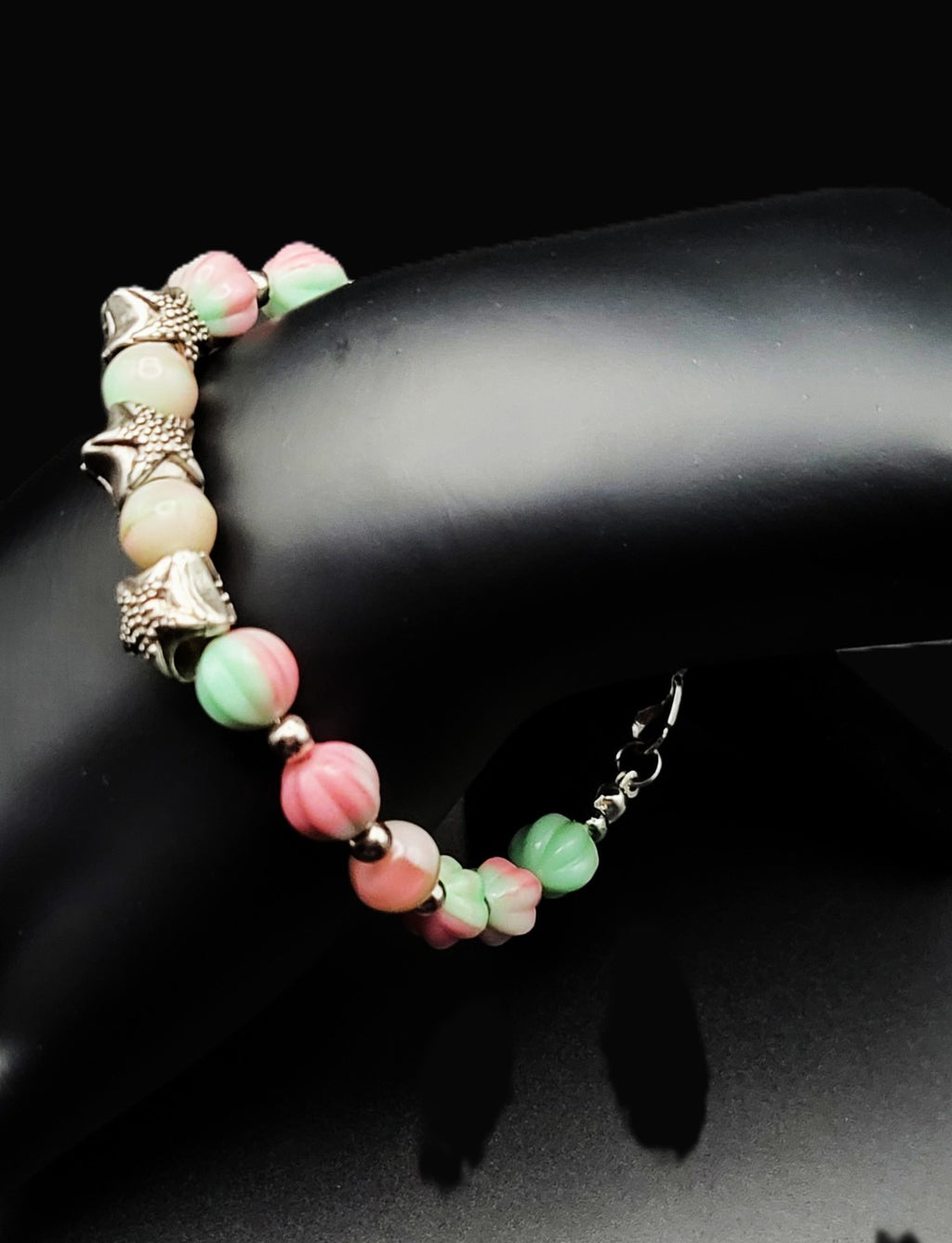 UV Glow Uranium Pink and Green Melon Glass Beads with Starfish Spacers 8" Bracelet