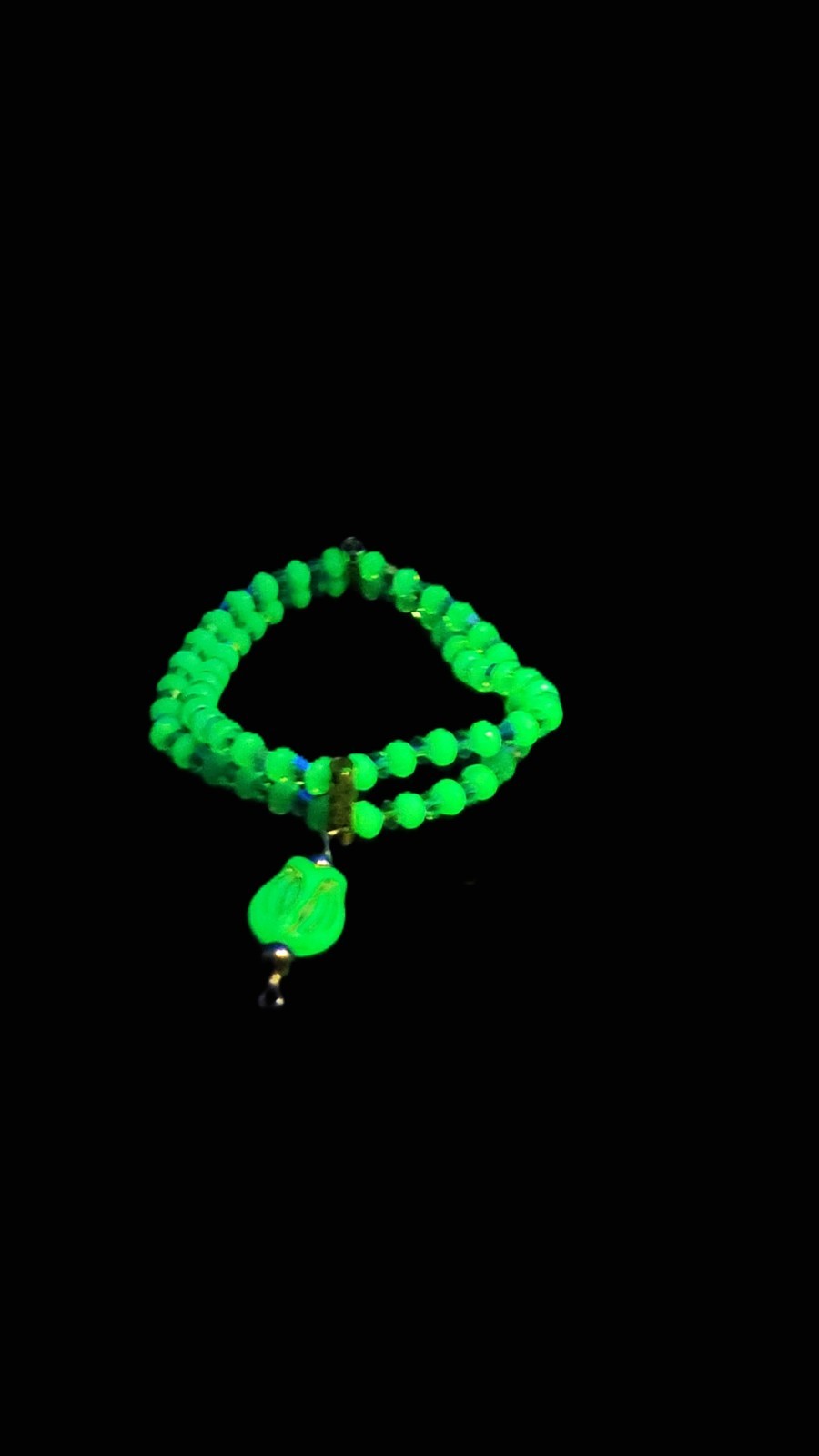 UV Uranium Czech Double Strand Aqua Glass Beads and Crystals, Bracelet 8" with Center Dangle