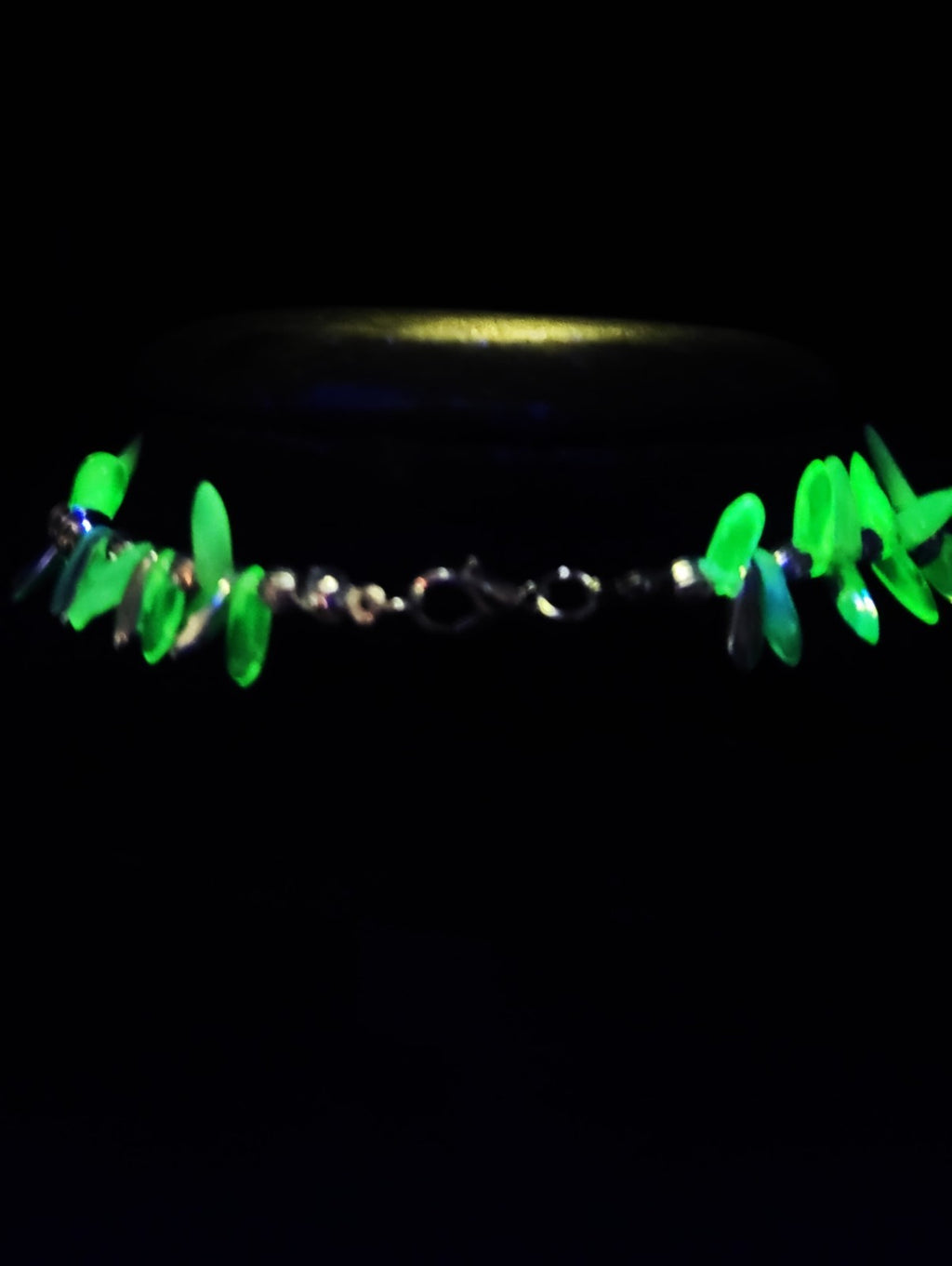 UV Uranium Glow Czech Sugar Skull Pendant, 17" Czech Dagger Uranium beads Necklace