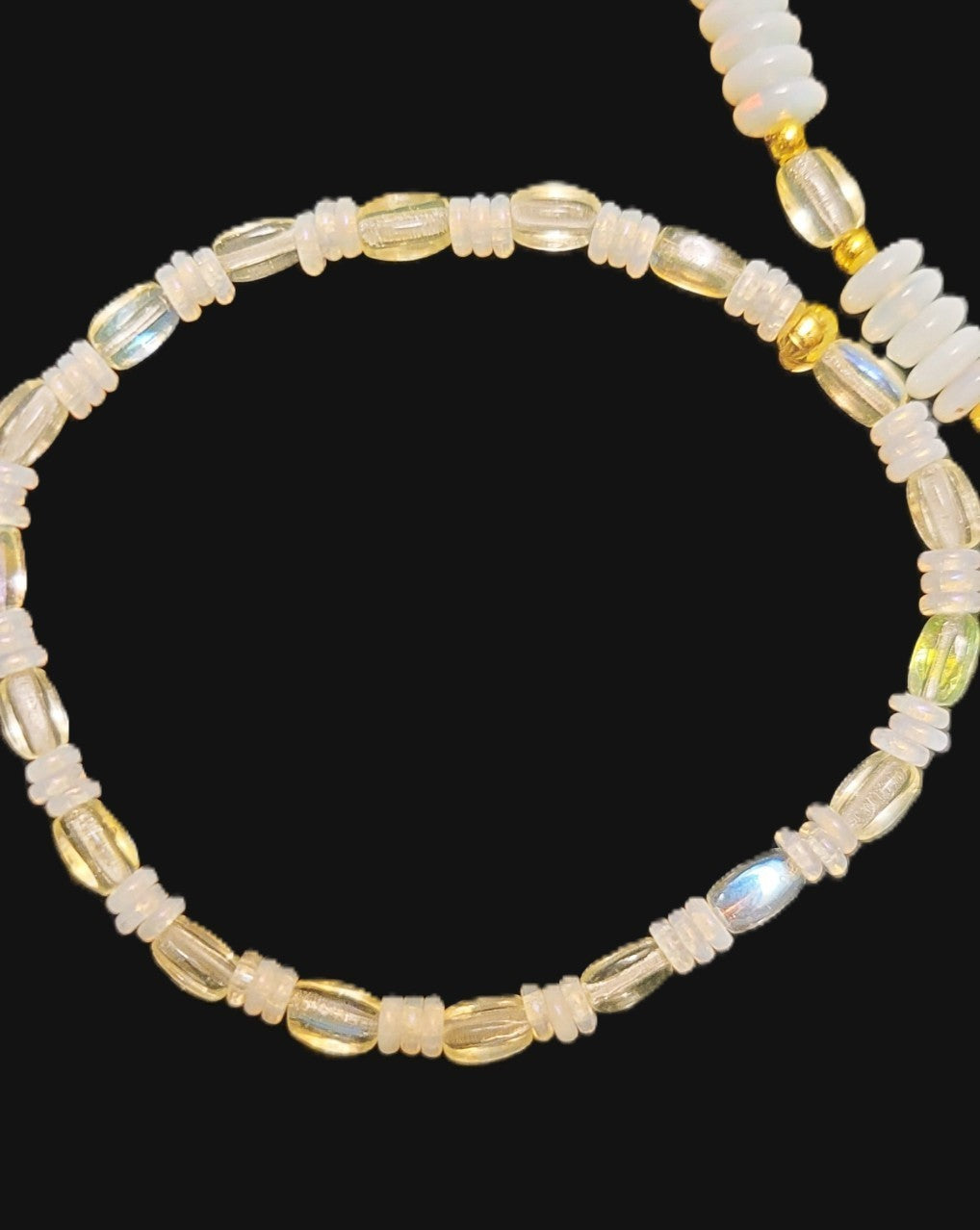 Uranium brilliant glow white and green glass bead 2 bracelet set, stretch with spacers 7"