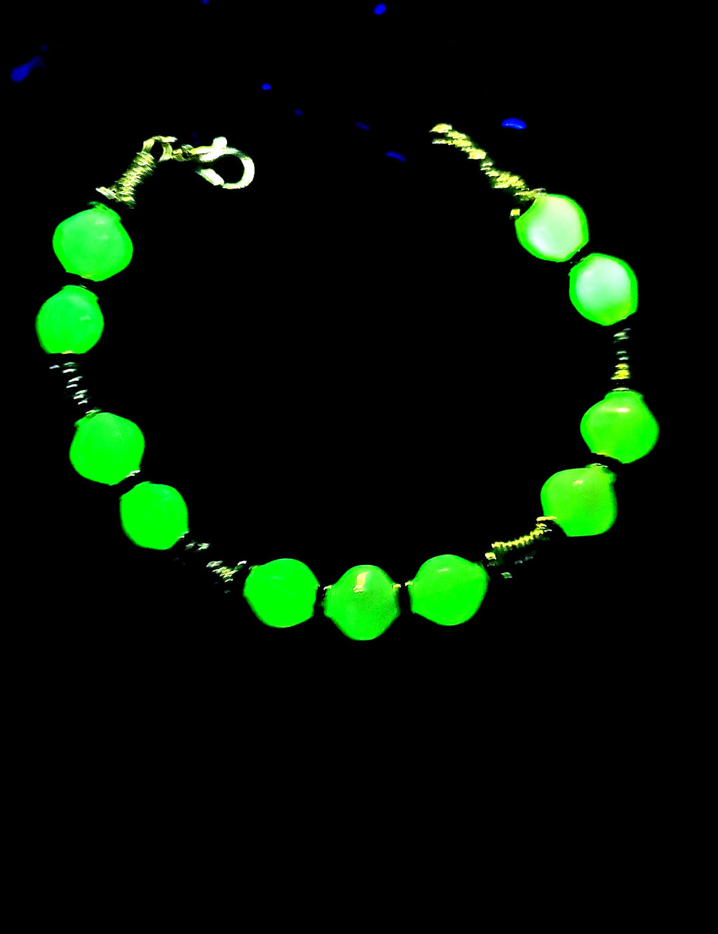 UV White Uranium Glass Beads, Hand wired 8" Silver tone Bracelet Black Spacers