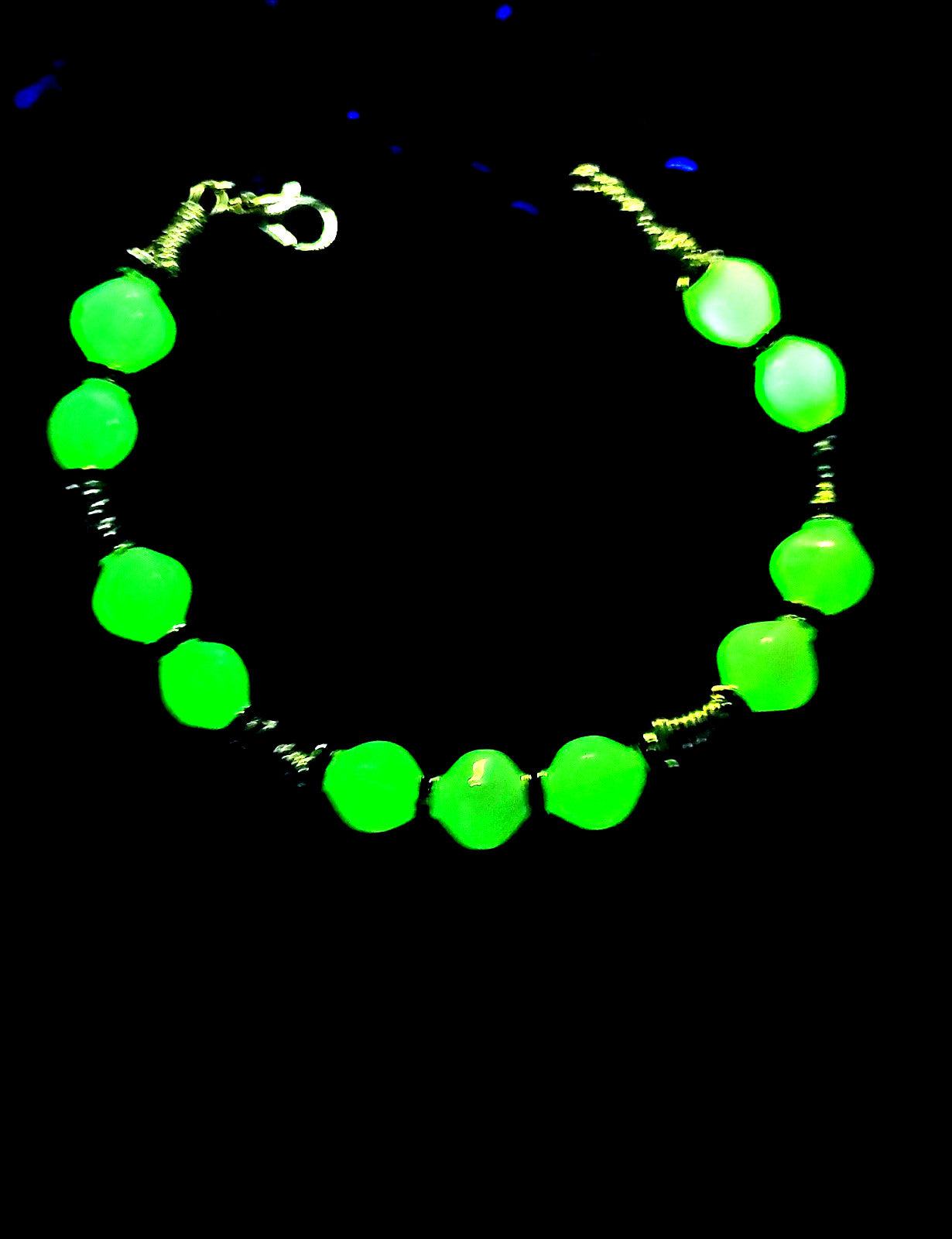 UV White Uranium Glass Beads, Hand wired 8" Silver tone Bracelet Black Spacers