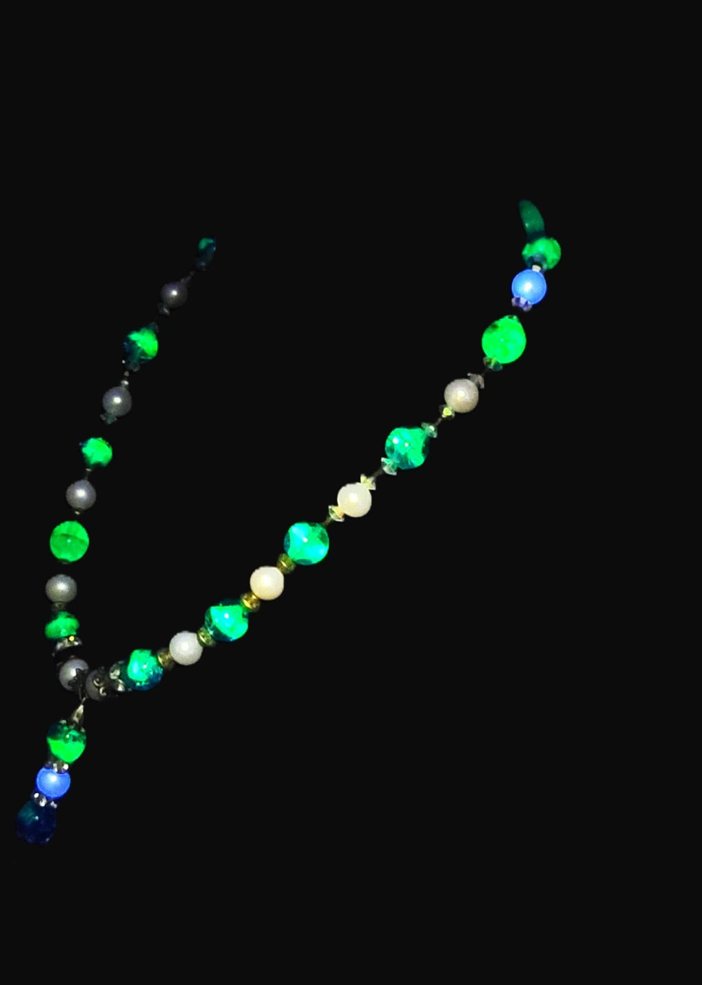Uranium UV Reactive Czech Blue Glass Beads and Faux Pearls 16" Necklace