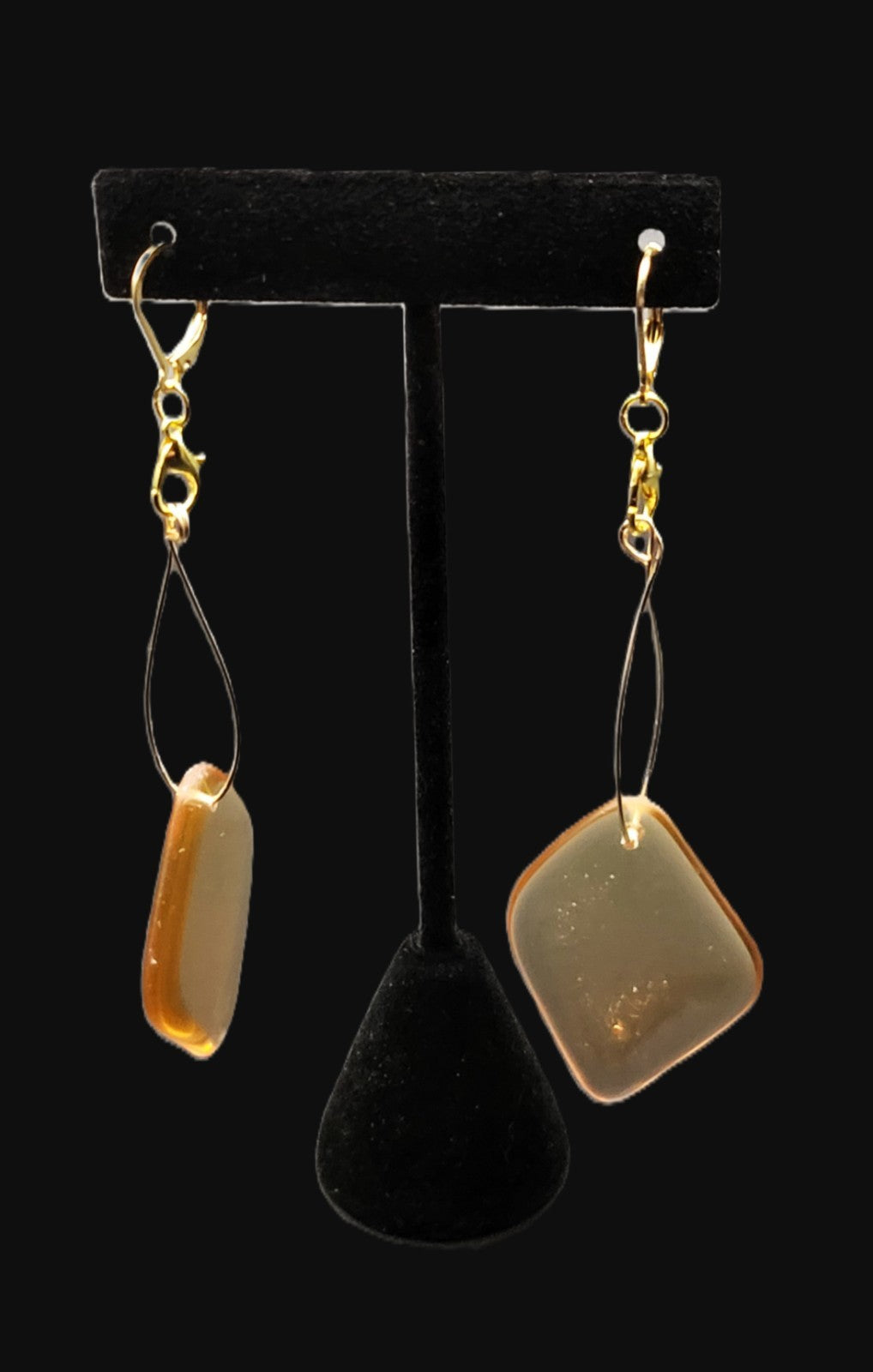 UV Glow Uranium Czech Pink Glass Gold Tone Lever Back Earrings Hand Wired 4" Dangle