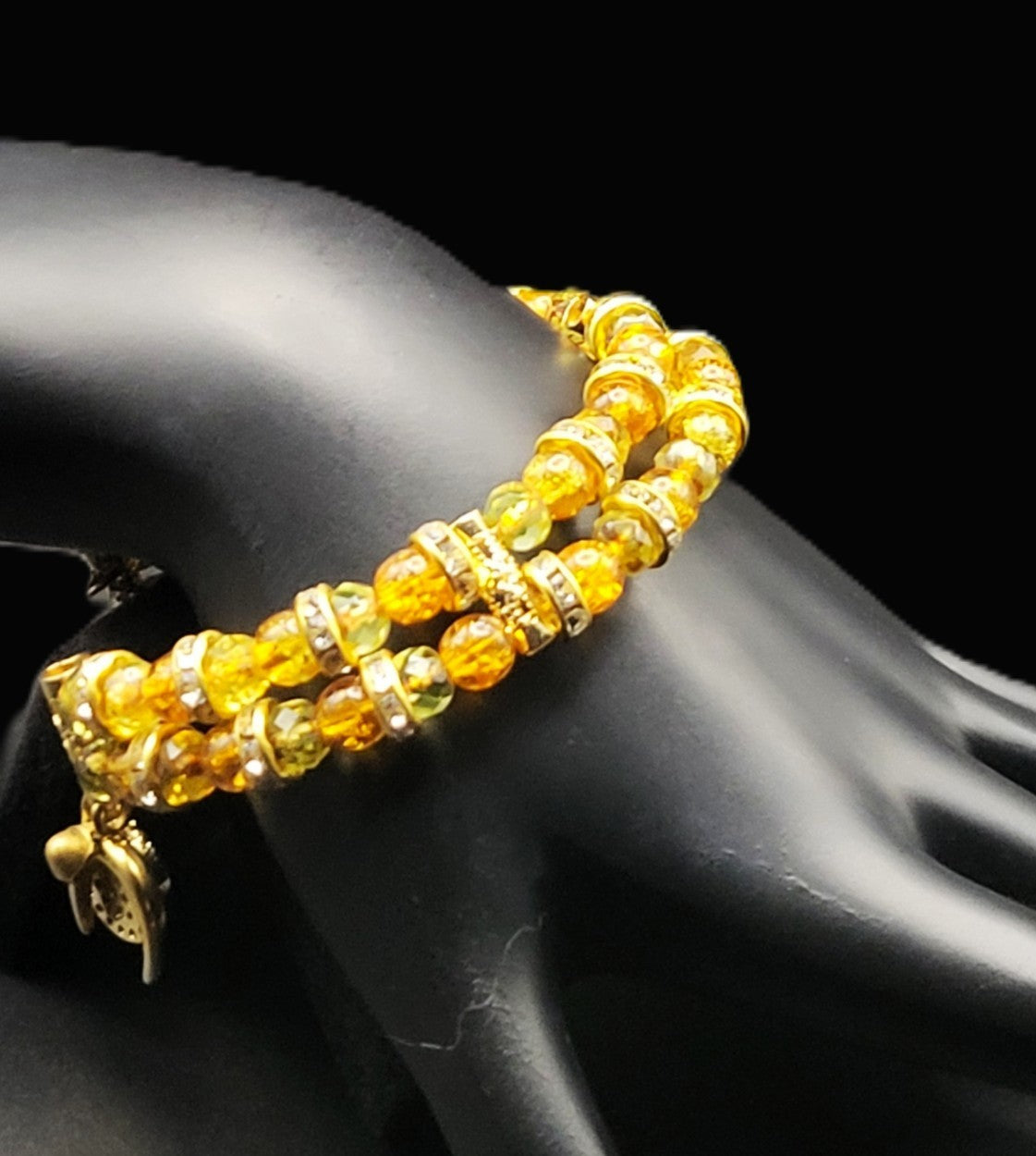UV Glow Czech Orange Crackle Ball Double Strand 7" Coil Bracelet with Charms