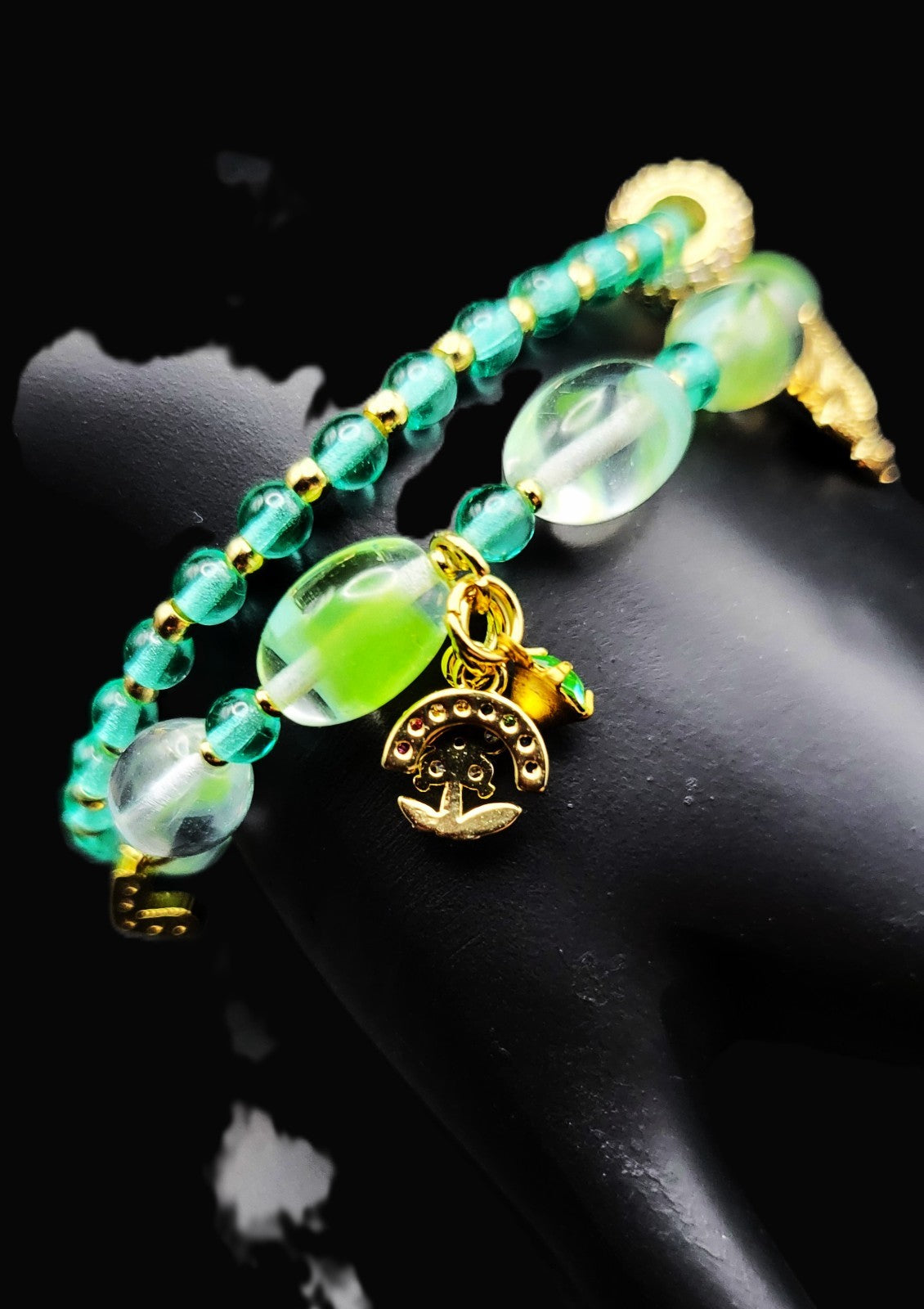 Glow With This! Czech Green and Aqua 2 Stretch Bracelet Set with Charms 7"