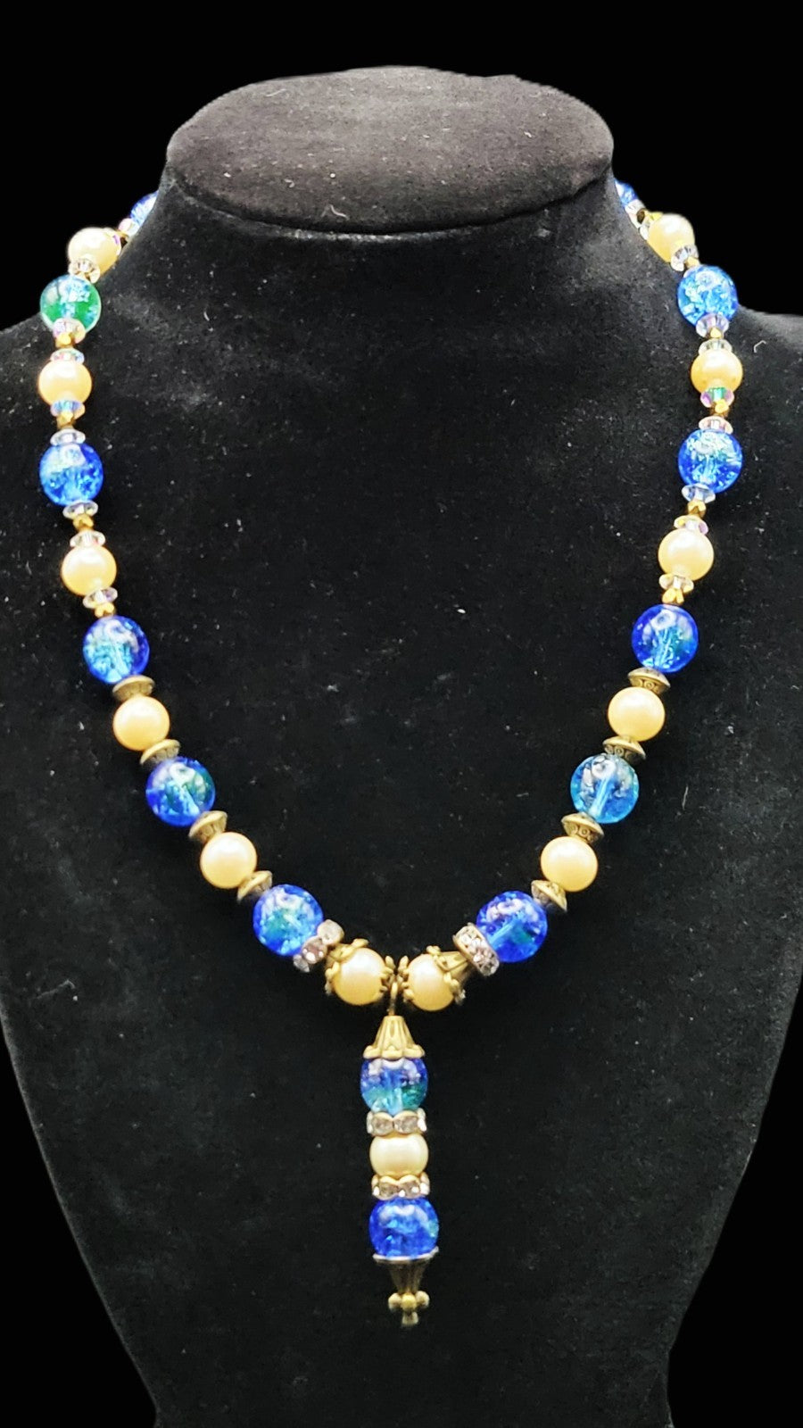 Uranium UV Reactive Czech Blue Glass Beads and Faux Pearls 16" Necklace