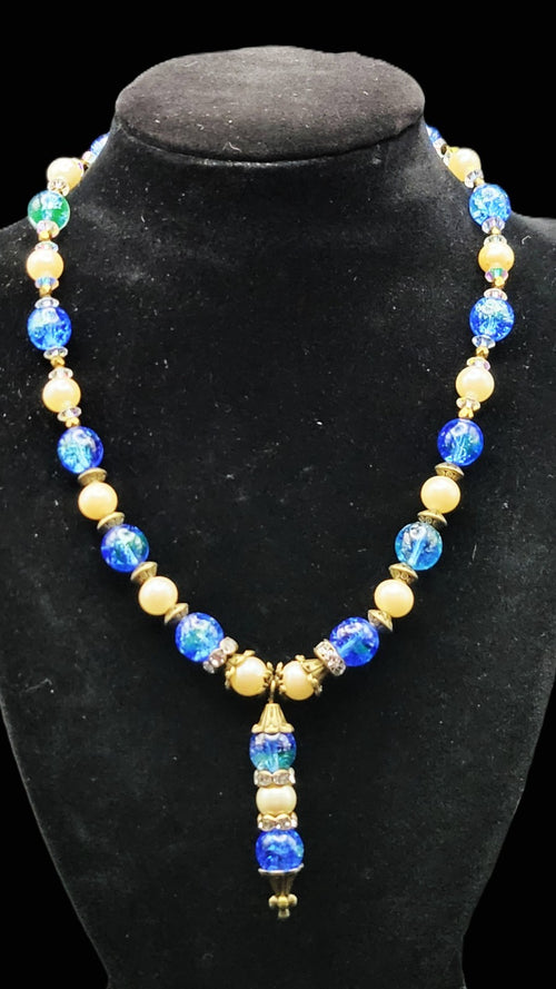 Uranium Czech blue glass beads, faux pearls with crystal spacer 16" necklace/pen