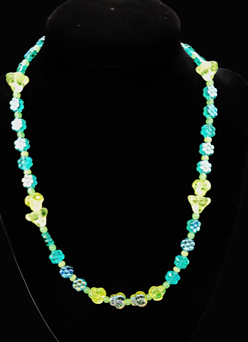 UV Glow Uranium Czech Blue and Yellow Flowers, Glass Bead 17" Necklace with Bead Spacers