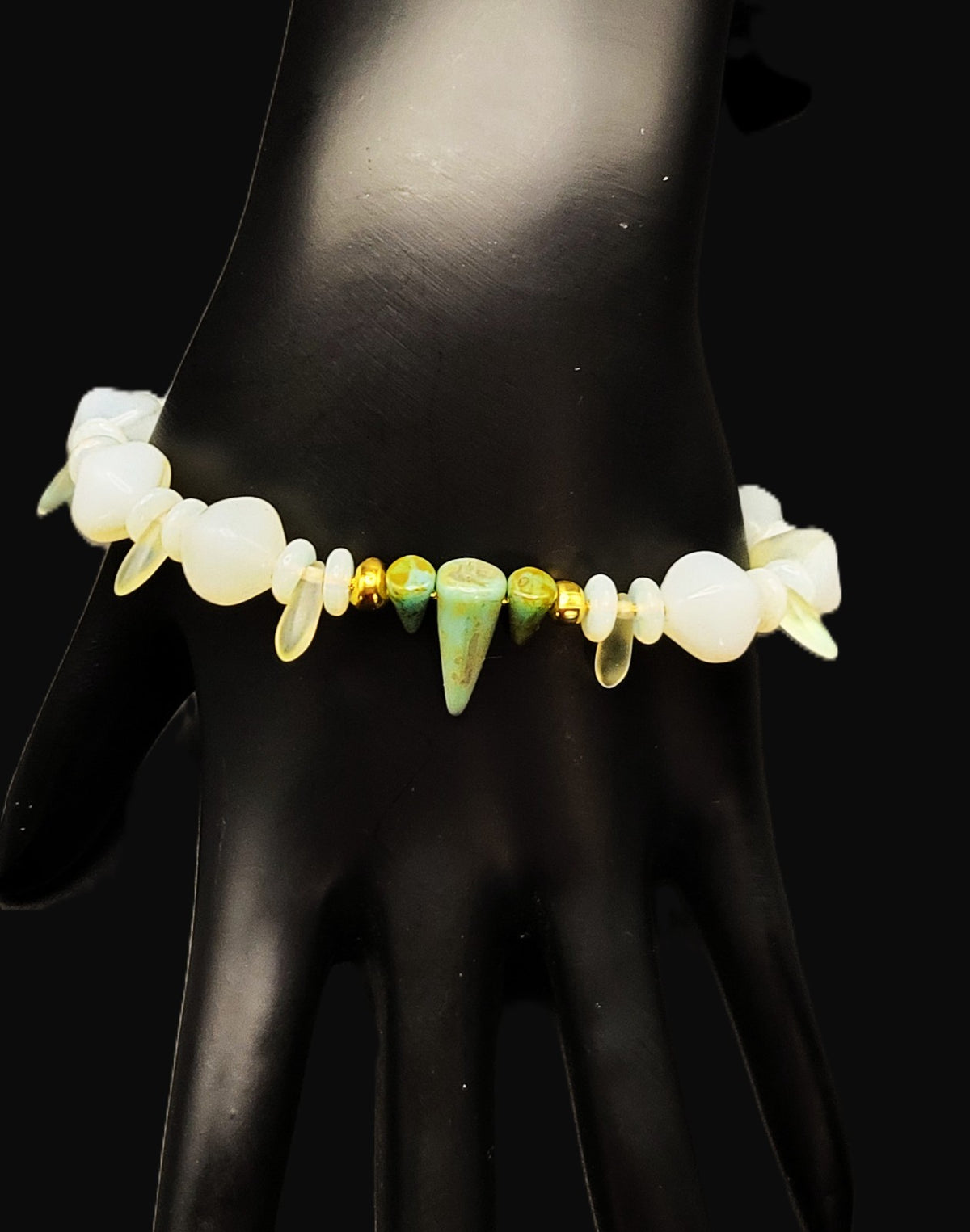 Uranium Glass Czech Fivre Beads with Yellow Daggers & Bohemian Glass Beads Cable Chain 7" Bracelet