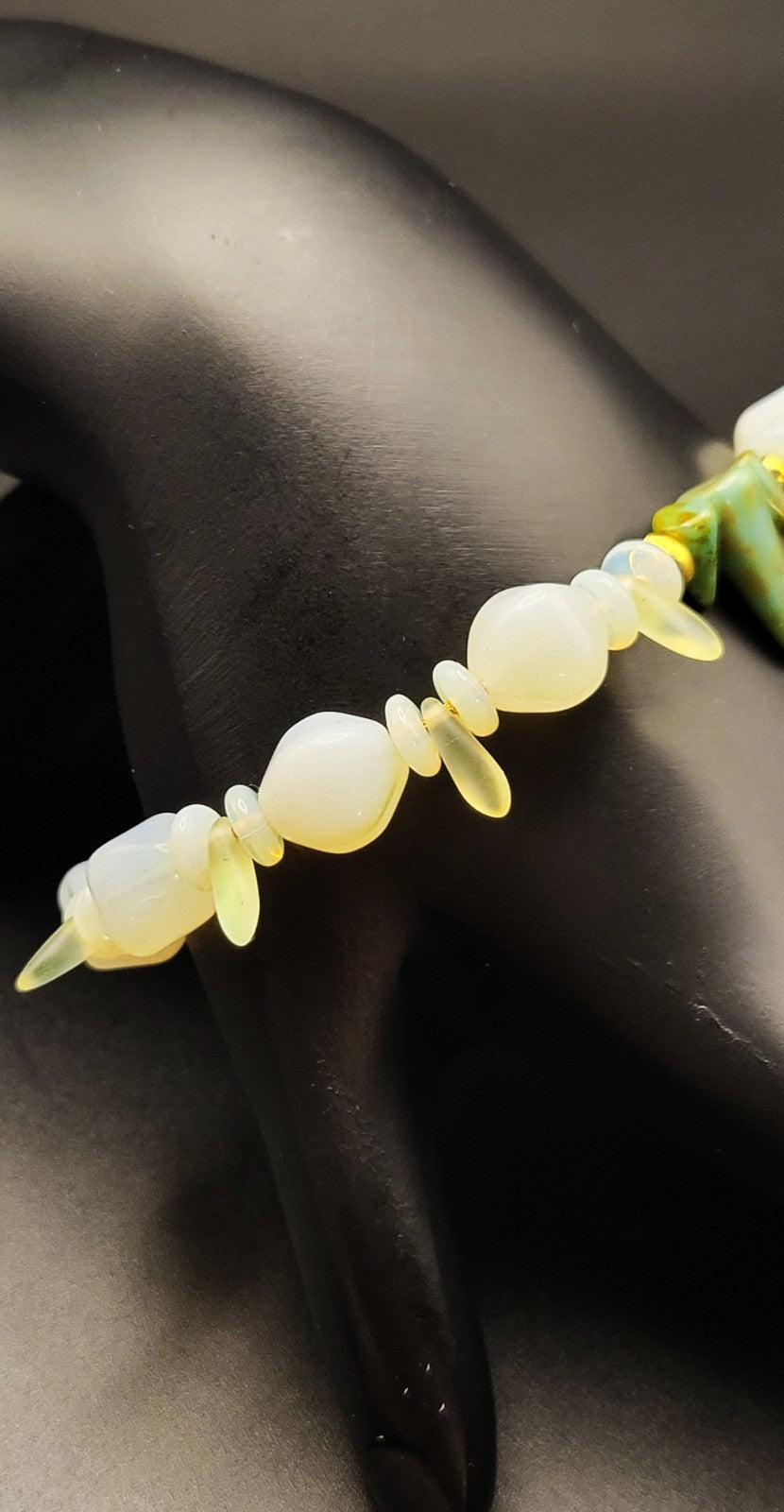 Uranium Glass Czech Fivre Beads with Yellow Daggers & Bohemian Glass Beads Cable Chain 7" Bracelet