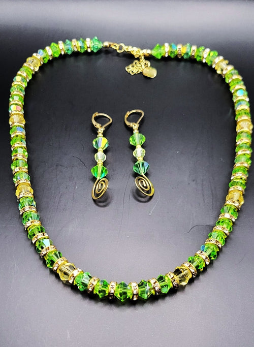 Uranium Czech crystal glass  bead necklace earring set, rondelle spacers w/clasp