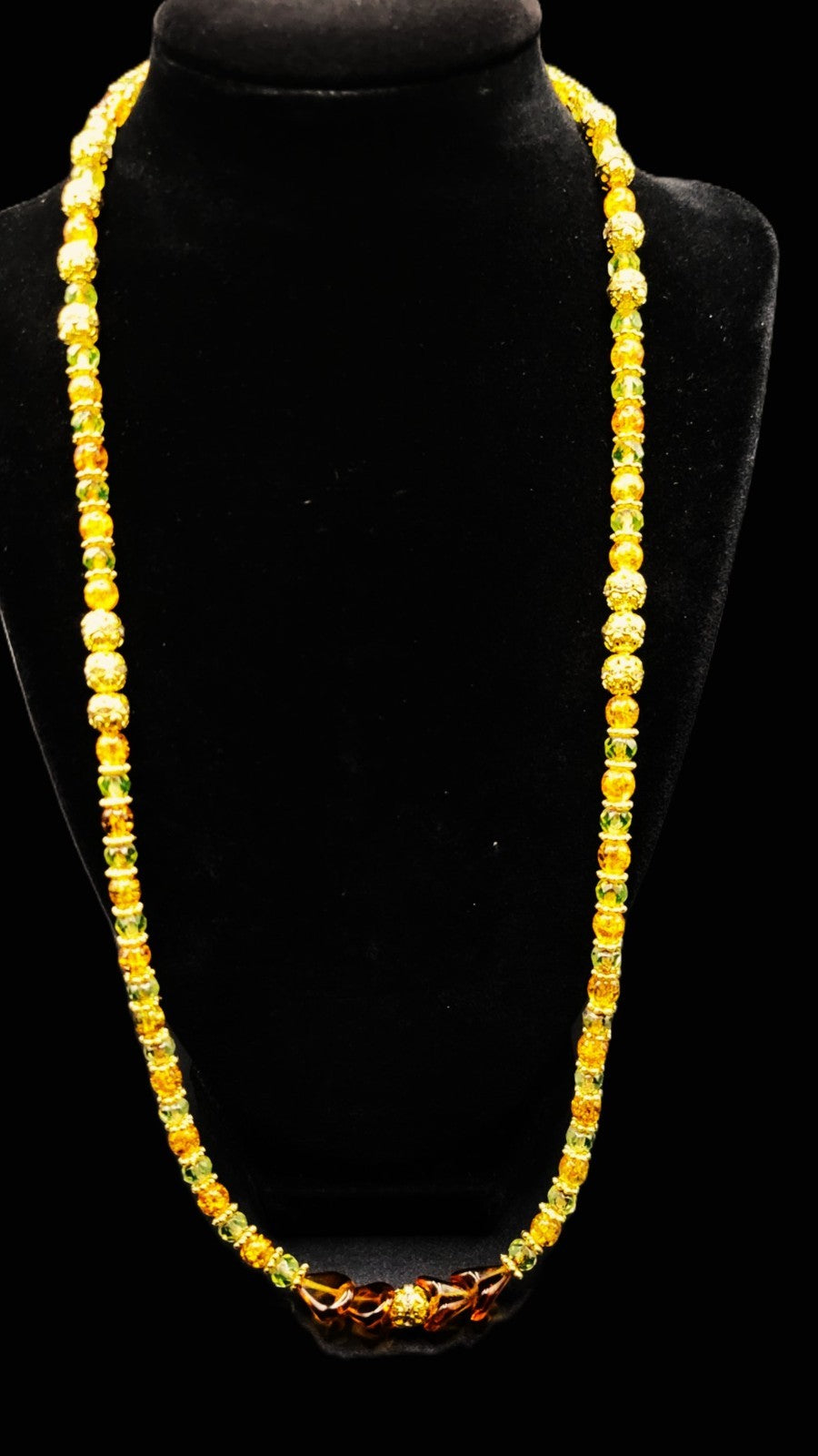 UV Glow Uranium Czech Glass Orange Crackle, Amber Colored and Green Beads 24" Fall Necklace with Spacers