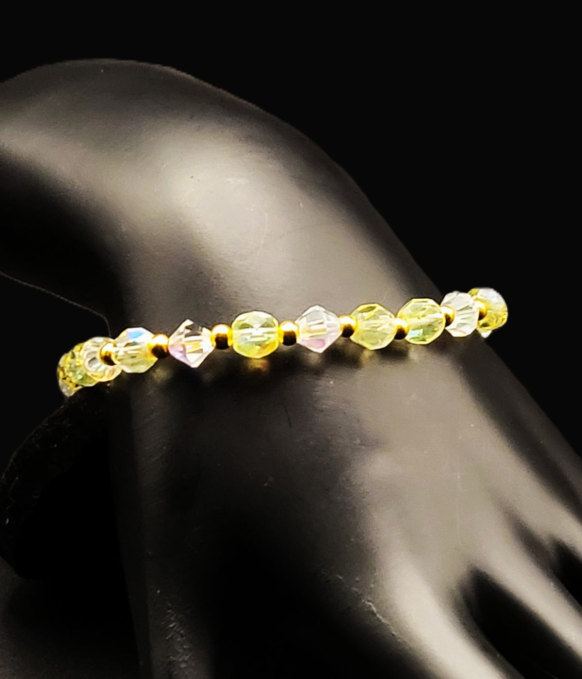 Uranium Glow Czech Glass AB Beads and Crystals Bracelet 8" Stretch with Spacers
